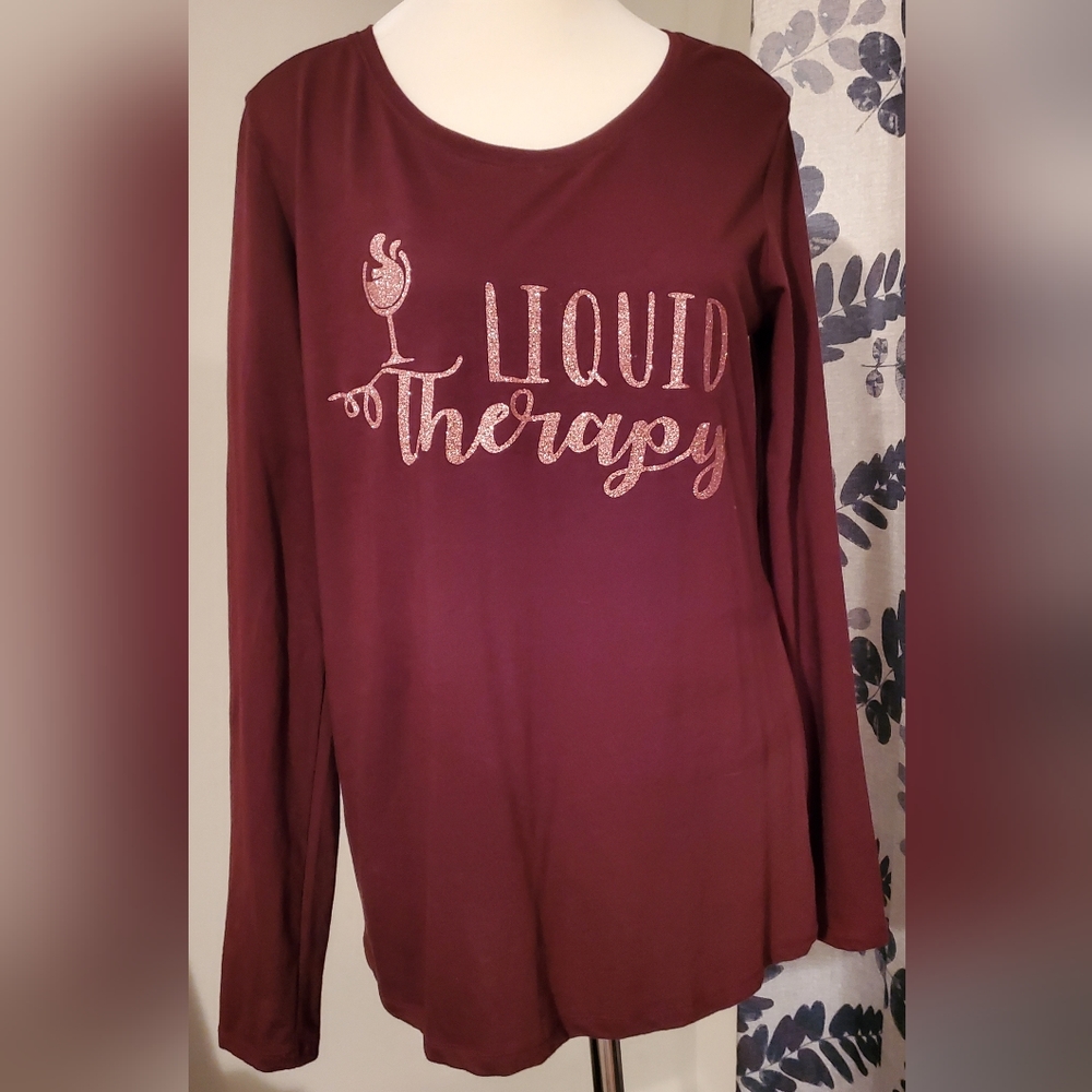 Liquid Therapy in pink glitter on burgundy shirt
